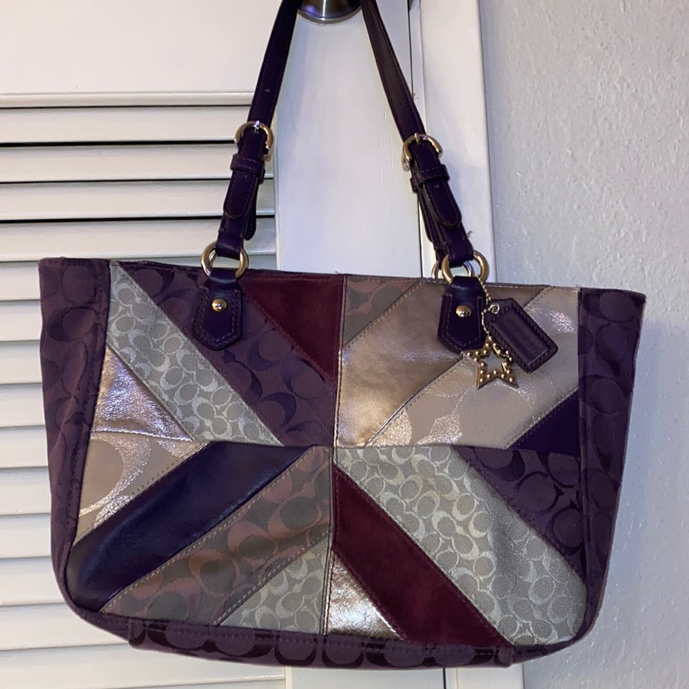 Coach Authentic Patchwork Bag Purple and Silver Handbag Tote Suede and Leather